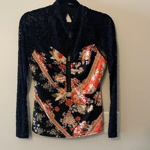 VENUS Black and Orange Floral Lace Blouse